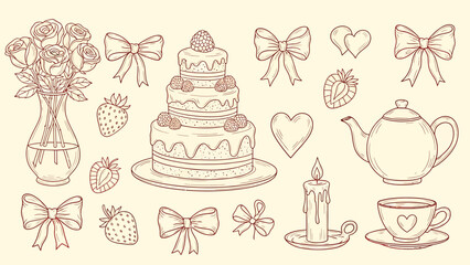 Hand-drawn outline illustrations of romantic and celebration items including a rose bouquet, tiered cake, bows, hearts, strawberries, teapot, teacup, and candle.