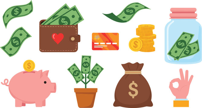 Money icons set, savings symbols, wallet, piggy bank, coins, credit card, finance growth, cartoon style, flat vector illustration