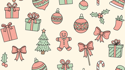 A seamless pattern of hand-drawn Christmas holiday elements including gifts, ornaments, bows, gingerbread man, and trees on a light background.