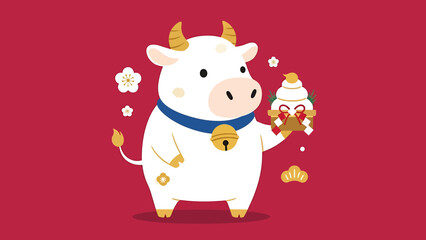 Fototapeta premium Cute cartoon white ox holding kagami mochi for Japanese New Year celebration.