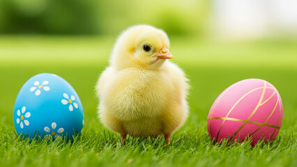 Easter chick with colorful painted eggs on green grass spring holiday decoration cute festive seasonal bright background