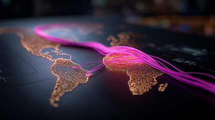 A vibrant digital world map with neon connectivity lines illustrating global networking and data flow.