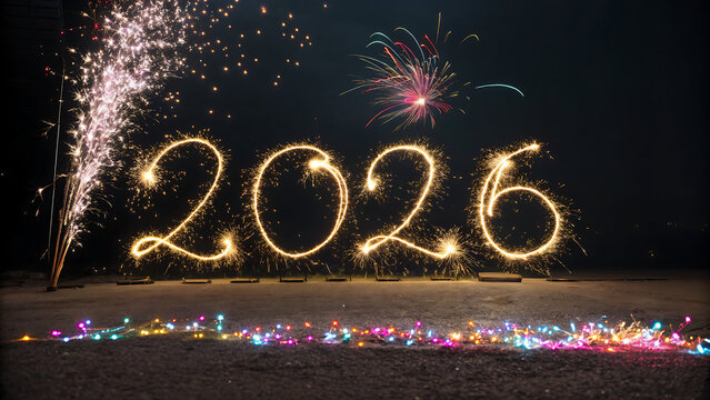 Sparkler writing the year 2026 with fireworks in the night sky - Powered by Adobe