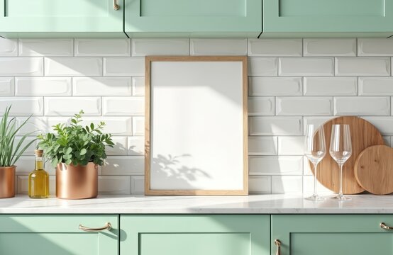 Empty wood frame on mint green kitchen counter. White subway tile backsplash behind plants and glassware. Kitchen scene for interior design mockups.