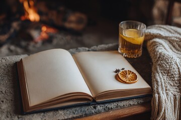 Open notebook rests near warm beverage beside crackling hearth on cold evening
