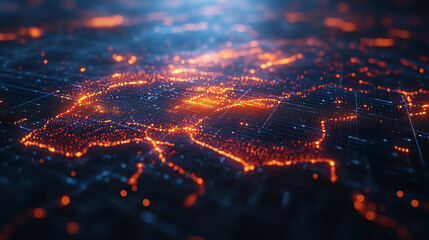 Abstract digital map of Europe with glowing lights representing connectivity and data flow in the modern technological landscape.