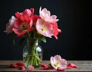 Pink and red horse chestnut flowers in a glass vase. Petals scattered on wooden table. Delicate blossoms with yellow stamens and green leaves against dark backdrop. Nature still life study.