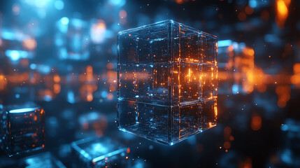 Abstract digital cubes illuminated in vibrant blue and orange hues, creating a futuristic and mesmerizing atmosphere.
