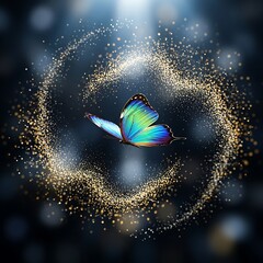 A vibrant butterfly takes flight amidst a swirling, golden light display, evoking a sense of freedom and wonder.