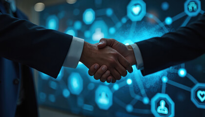 Two business people in suits shake hands over a futuristic interface. They connect digitally with icons representing health, data, and people in a network. This signifies a partnership.