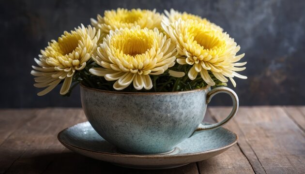 Vibrant yellow chrysanthemums fill a speckled ceramic teacup and saucer on a rustic wooden surface Dark textured wall - Powered by Adobe