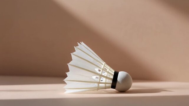 White badminton shuttlecock landing slowly on a clean beige background. 