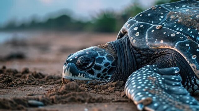 Sea turtle resting on sandy beach with blurred background and distinct shell patterns