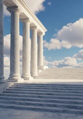 A grand, white marble colonnade and stairway ascend towards a vast, cloudy sky.