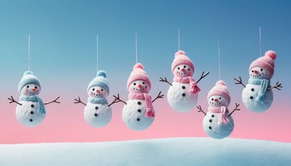 Six charming snowmen ornaments with colorful knitted hats and scarves hanging above a snowy landscape