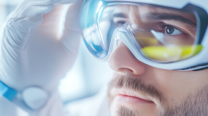 Focused scientist adjusting protective gear in a modern laboratory, showcasing precision and dedication in research.