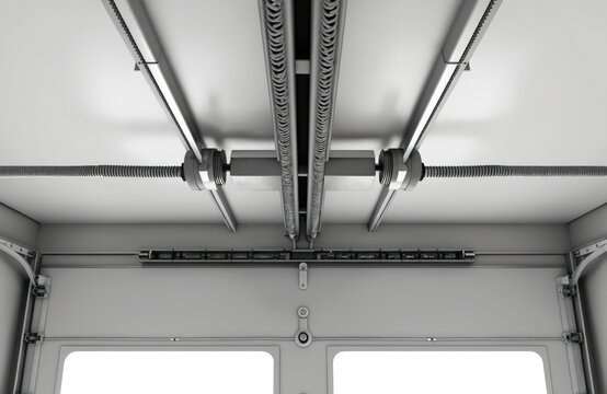 Inside view of automatic garage door mechanism with coiled springs, steel rails and drive chain. System for lifting and closing gate in home building interior.