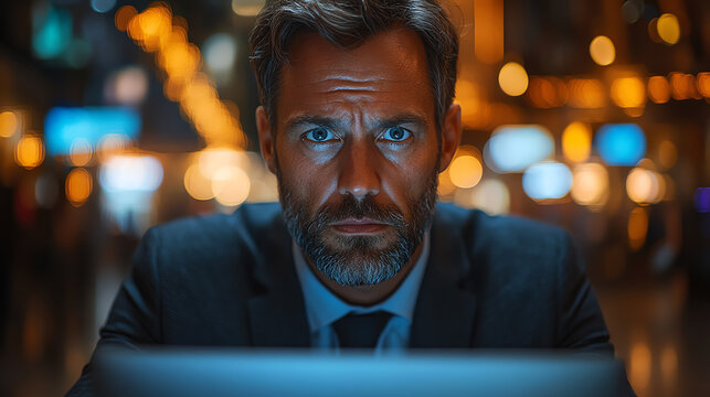 Focused professional working late at night on a laptop in an illuminated office environment. - Powered by Adobe