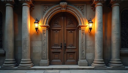 Grand ornate wooden double doors with stone columns and lanterns at dusk. Detailed carving on archway, historic building facade, classic exterior.