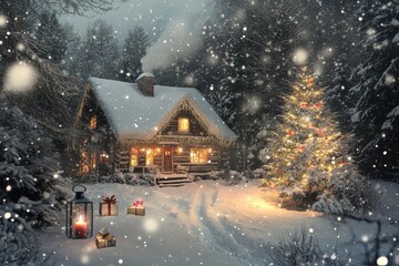 Naklejka premium Illuminated wooden cabin nestled in a snowy forest during a gentle snowfall night