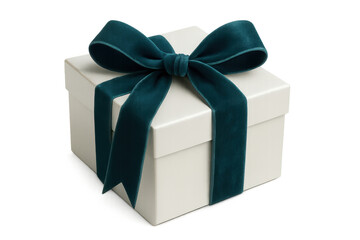Obraz premium White gift box wrapped with dark teal velvet ribbon and bow, symbolizing celebration, birthday, and special occasion, transparent background