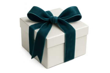 White gift box wrapped with dark teal velvet ribbon and bow, symbolizing celebration, birthday, and special occasion, transparent background
