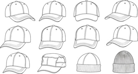 Hat illustration set, baseball cap styles, military and beanie sketch, fashion design reference, headwear collection, flat vector illustration