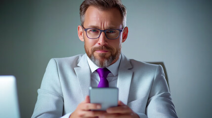 Professional man in a suit using smartphone in the office, reflecting concentration and dedication in his work.