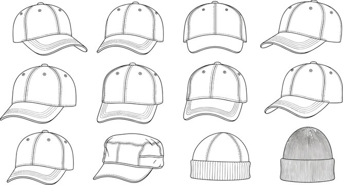 Hat illustration set, baseball cap styles, military and beanie sketch, fashion design reference, headwear collection, flat vector illustration