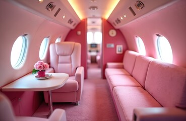Luxurious pink private jet interior with plush seating and elegant table setting. Experience opulent air travel with comfort and style. Generative AI.
