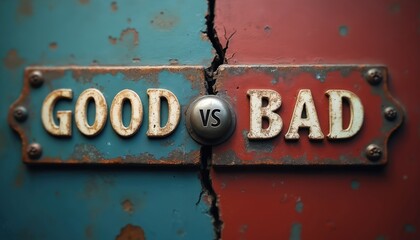 Contrast sign shows good versus bad choice concept. Metal plate divided by crack, blue and red colors split. Decision making, ethics, right wrong dilemma.