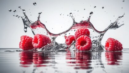 Vibrant red raspberries splashing into clear water creating dynamic liquid crown shapes and droplets