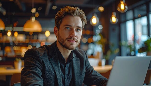 Confident Young Businessman Working on Laptop in Modern Cafe.