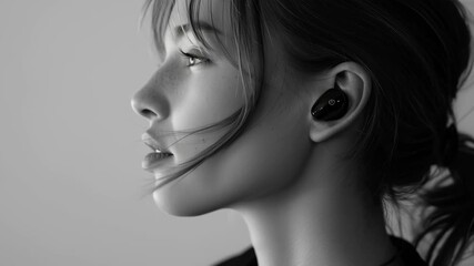 Side profile of person wearing discreet AI earpiece for mental wellness tracking, subtle cyber aesthetics, clean background, ai driven mental health tools