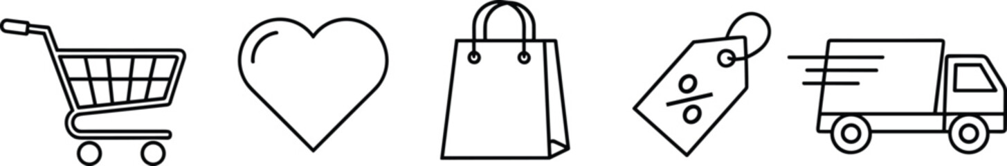 E-commerce icons, shopping symbols, online retail visuals, cart and bag graphics, delivery elements, discount tag, flat vector illustration