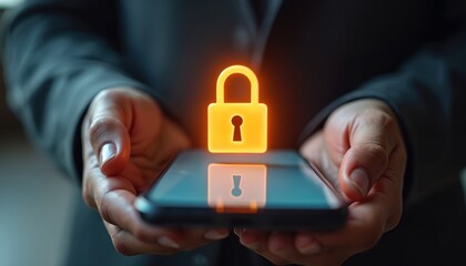Person holds smartphone with padlock icon. Digital security and online privacy concept. Protect personal data on mobile device. Secure connection. Safe data.