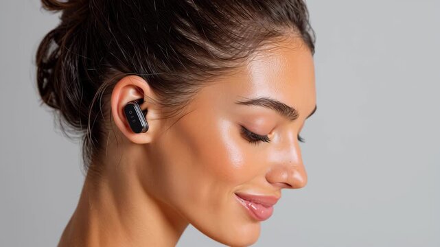 Side profile of person wearing discreet AI earpiece for mental wellness tracking, subtle cyber aesthetics, clean background, ai driven mental health tools