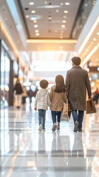 Father and two children walking through a modern shopping mall, seen from behind, with warm lighting and blurred background.