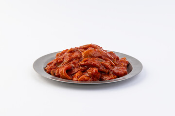 Spicy Marinated Peppers in a Metal Bowl