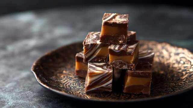 A beautifully arranged stack of rich, swirled chocolate fudge pieces on an ornate plate, set against a soft-focus, dark background, evoking a sense of indulgence and luxury