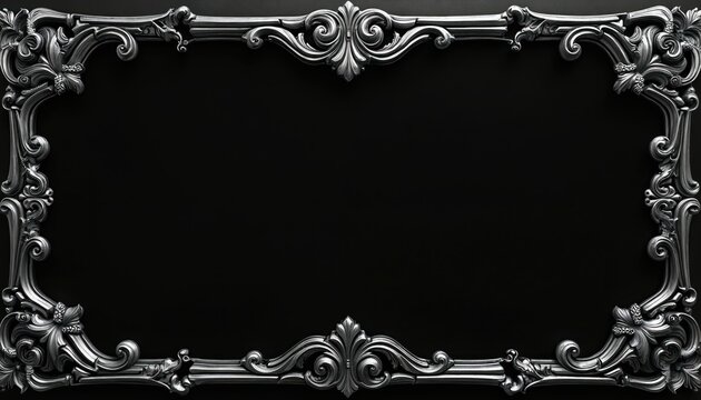 Ornate silver frame on black background. Decorative border with intricate floral patterns. Elegant design for invitations, luxury projects, or antique photo settings. - Powered by Adobe