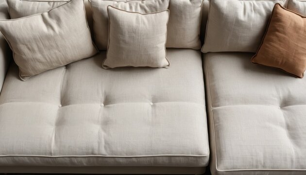 Modern light beige fabric sectional sofa seen from above Features tufted seats multiple cream cushions and one brown