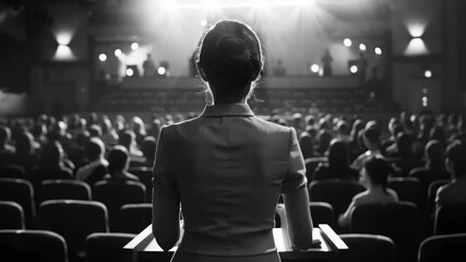 A woman standing on stage with her back turned to the audience.