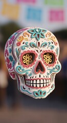 A vibrantly colored, layered skull design showcases intricate floral patterns and bright hues.