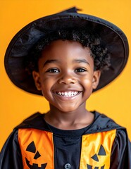 Happy African American boy in Halloween costume smiling at the camera.