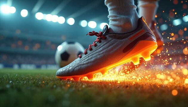 Close up of soccer cleat striking ball with orange fire sparks flying. Player kicks football on field during nighttime match with stadium lights.
