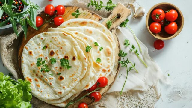 Delicious homemade flatbread topped with fresh herbs and red cherry tomatoes.