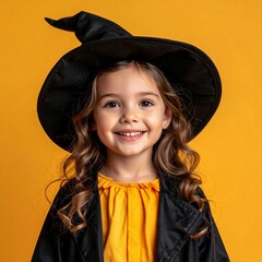 Happy little girl in witch costume smiling at camera on orange background.