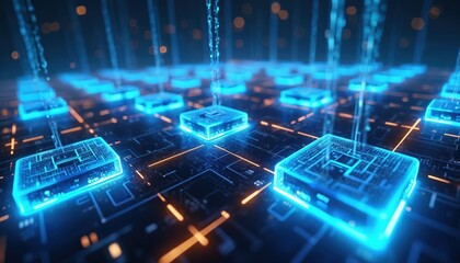 Abstract digital circuit board with glowing blue components, data streams, representing network connectivity, information processing, cyberspace. Futuristic tech background for data transmission,