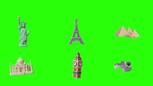 Soft 3D claymation world landmark set featuring Eiffel Tower, Statue of Liberty, Big Ben, Taj Mahal, and Great Wall in matte style.